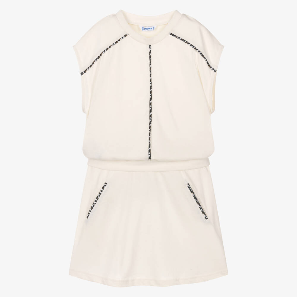 Mayoral-Girls Ivory Jersey Skirt Set with Leopard Print Trims | Childrensalon
