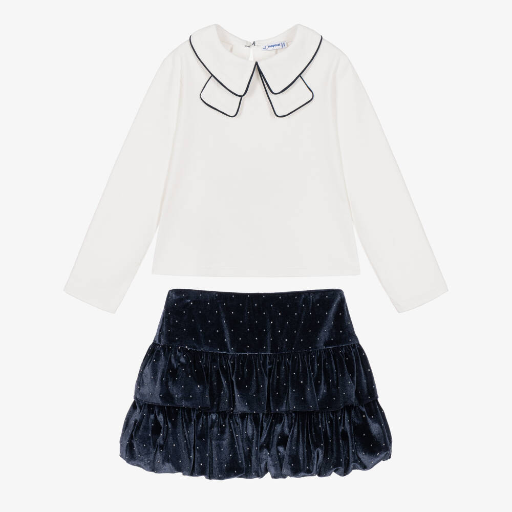 Mayoral-Girls Ivory Jersey Top & Navy Blue Velour Skirt Set | Childrensalon
