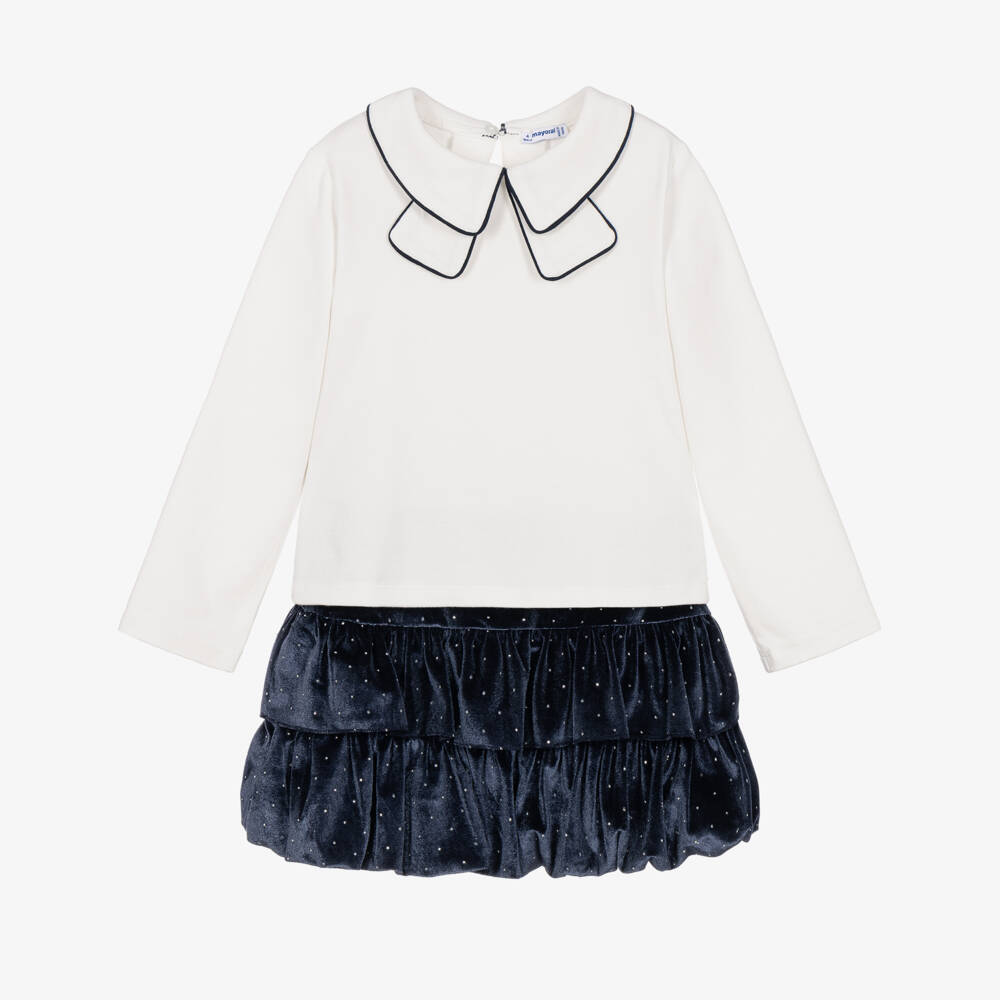 Mayoral-Girls Ivory Jersey Top & Navy Blue Velour Skirt Set | Childrensalon