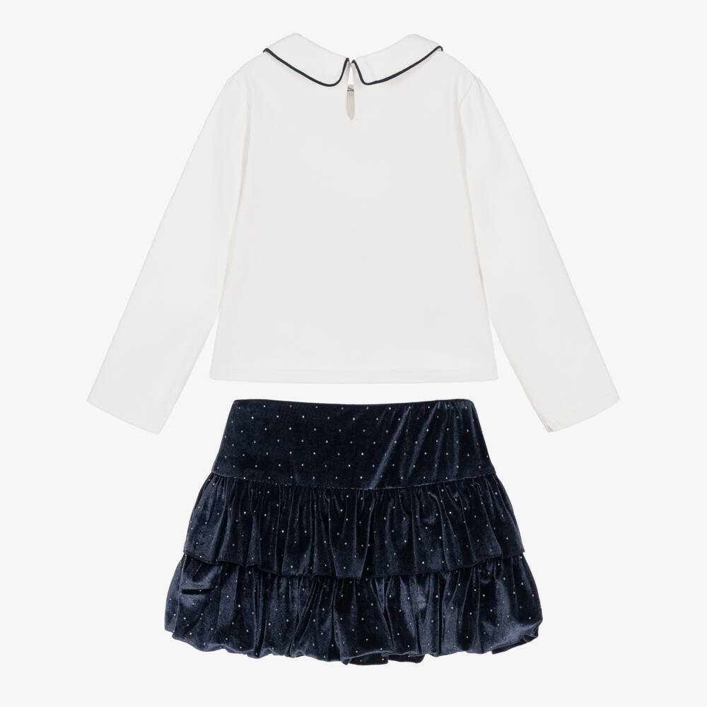 Mayoral-Girls Ivory Jersey Top & Navy Blue Velour Skirt Set | Childrensalon
