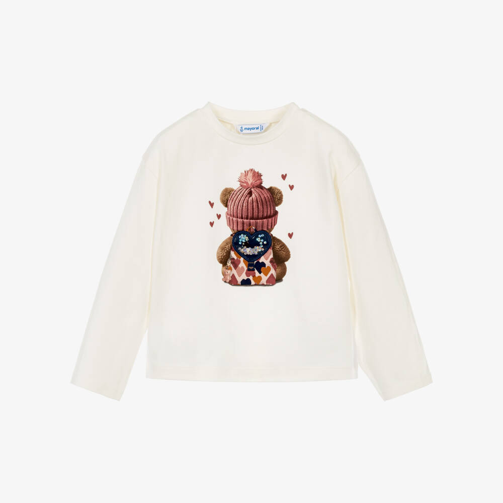 Mayoral-Girls Ivory Jersey Top with a Bear Print | Childrensalon