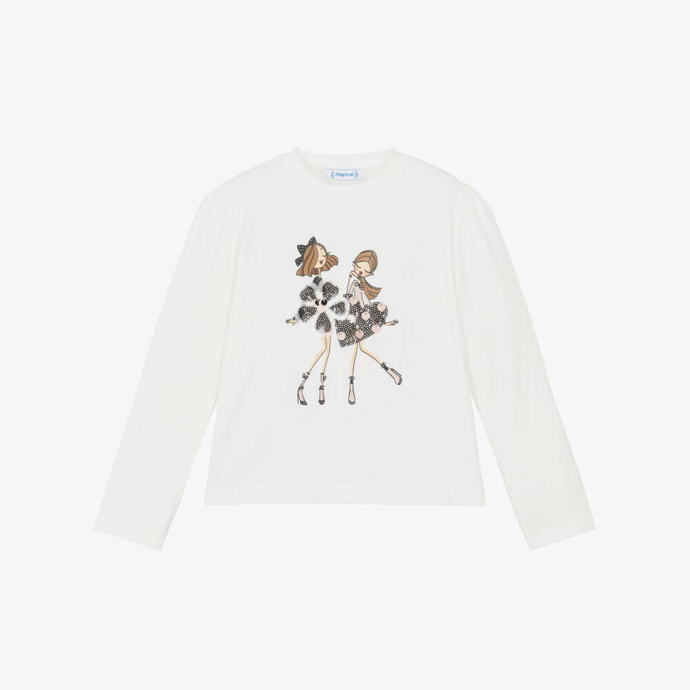 Mayoral-Girls Ivory Jersey Top with Graphic Print | Childrensalon