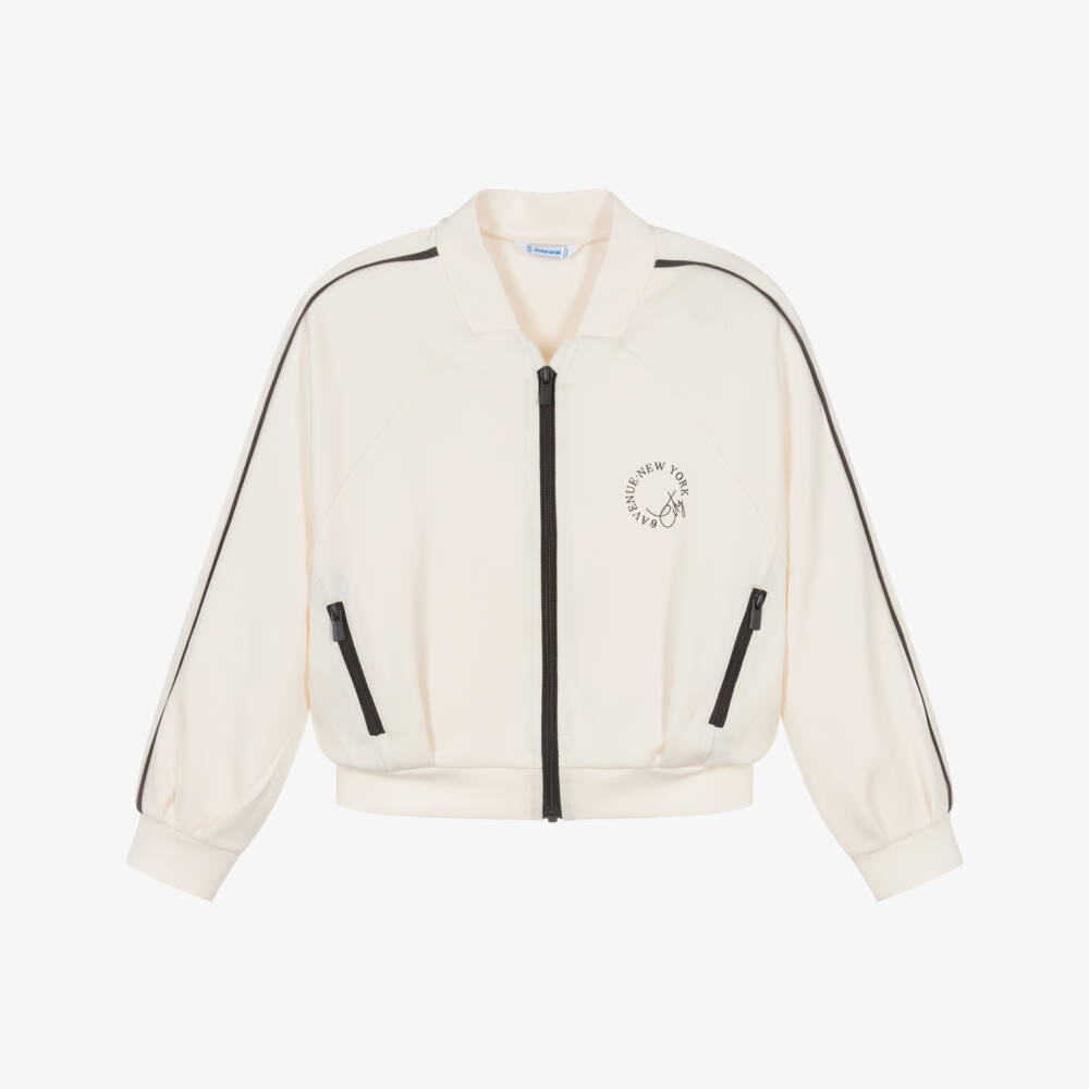 Mayoral-Girls Ivory Jersey Zip-Up Top with Grey Trims | Childrensalon