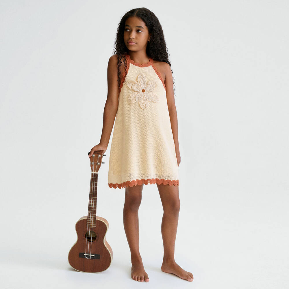 Mayoral-Girls Ivory Knitted Cotton Flower Dress | Childrensalon
