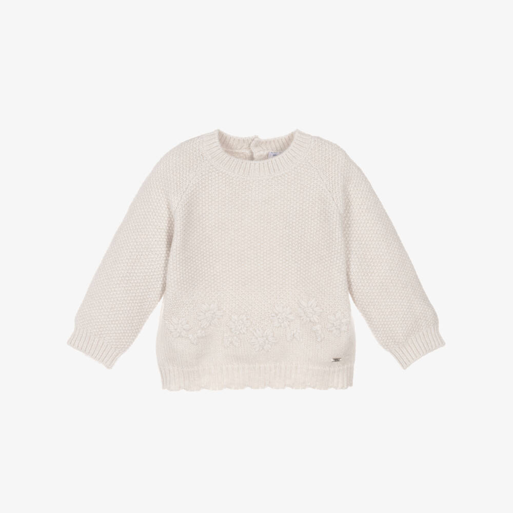 Mayoral-Girls Ivory Knitted Flower Jumper with Glitter Shimmer | Childrensalon