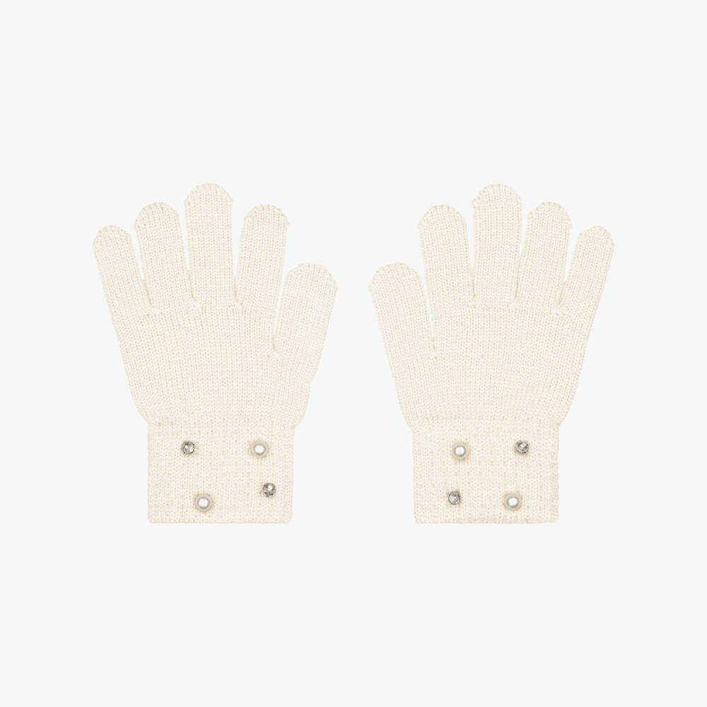 Mayoral-Girls Ivory Knitted Gloves with Sparkly Diamantés | Childrensalon