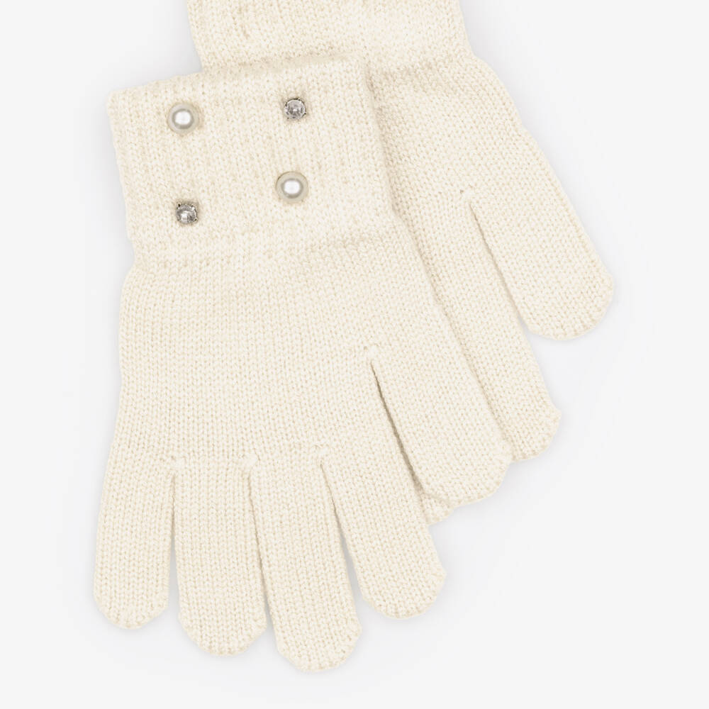 Mayoral-Girls Ivory Knitted Gloves with Sparkly Diamantés | Childrensalon