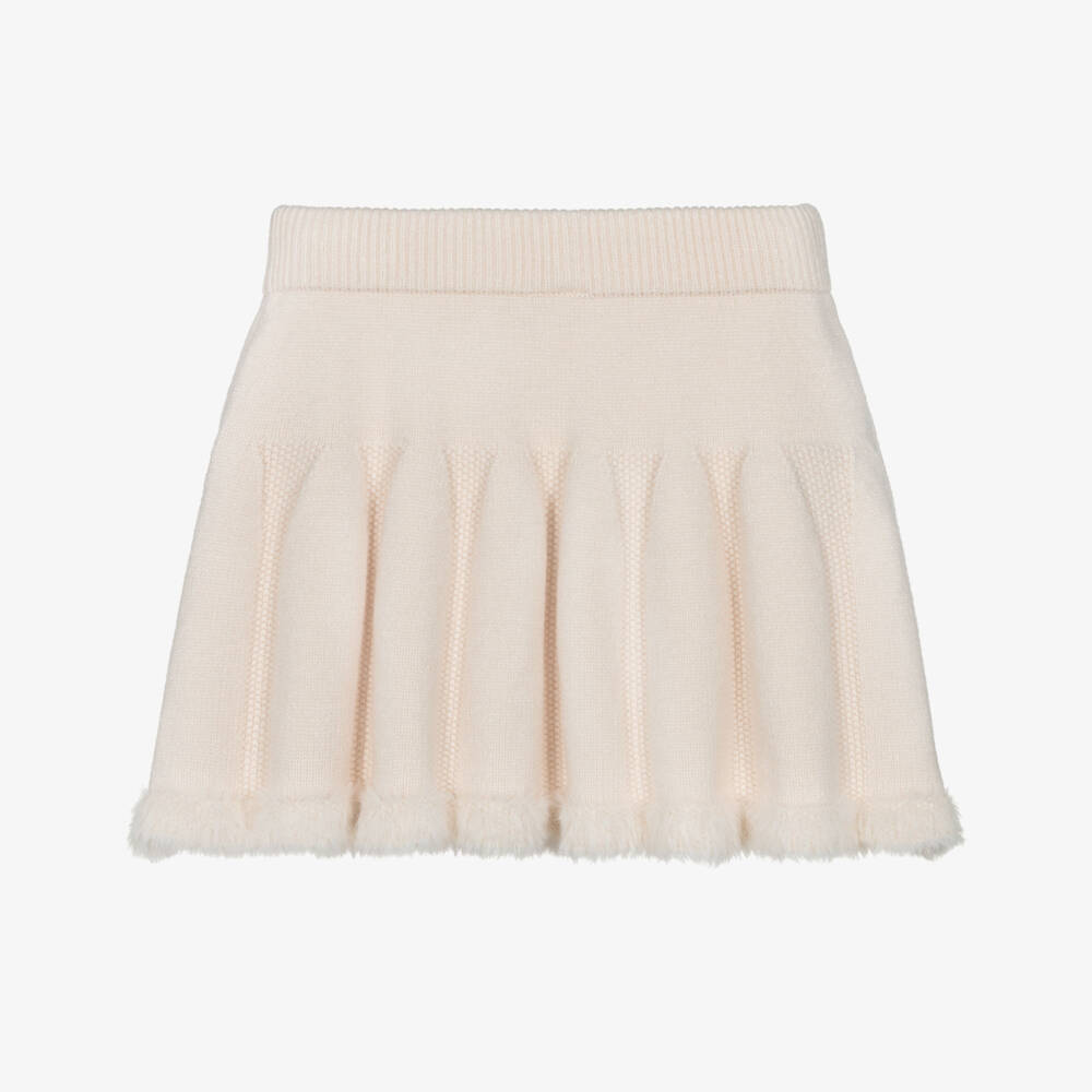 Mayoral-Girls Ivory Knitted Skirt with Faux Fur Trim | Childrensalon