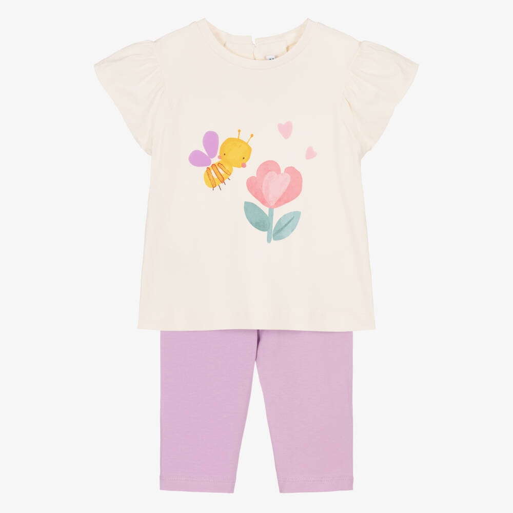 Mayoral-Girls Ivory & Lilac Cotton Jersey Bee Motif Leggings Set | Childrensalon