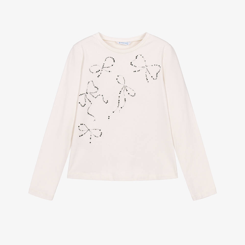 Mayoral-Girls Ivory Long Sleeved Top with Sparkly Bows | Childrensalon