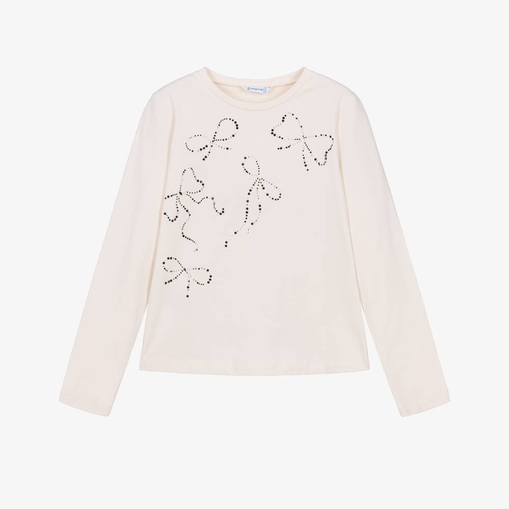 Mayoral-Girls Ivory Long Sleeved Top with Sparkly Bows | Childrensalon