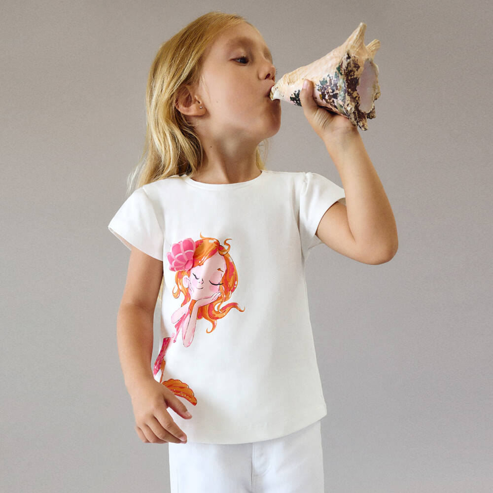 Mayoral-Girls Ivory Mermaid Print Cotton T-Shirt | Childrensalon