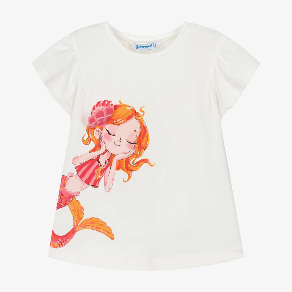 Mayoral-Girls Ivory Mermaid Print Cotton T-Shirt | Childrensalon