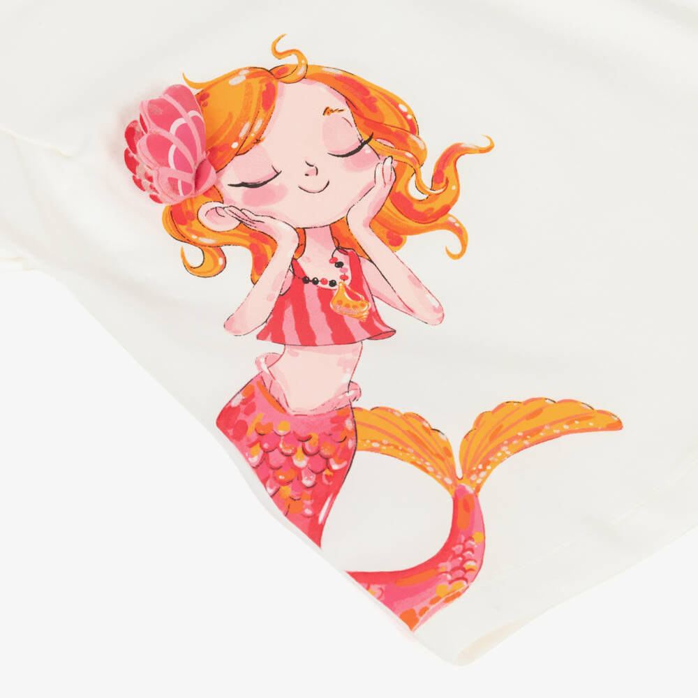 Mayoral-Girls Ivory Mermaid Print Cotton T-Shirt | Childrensalon