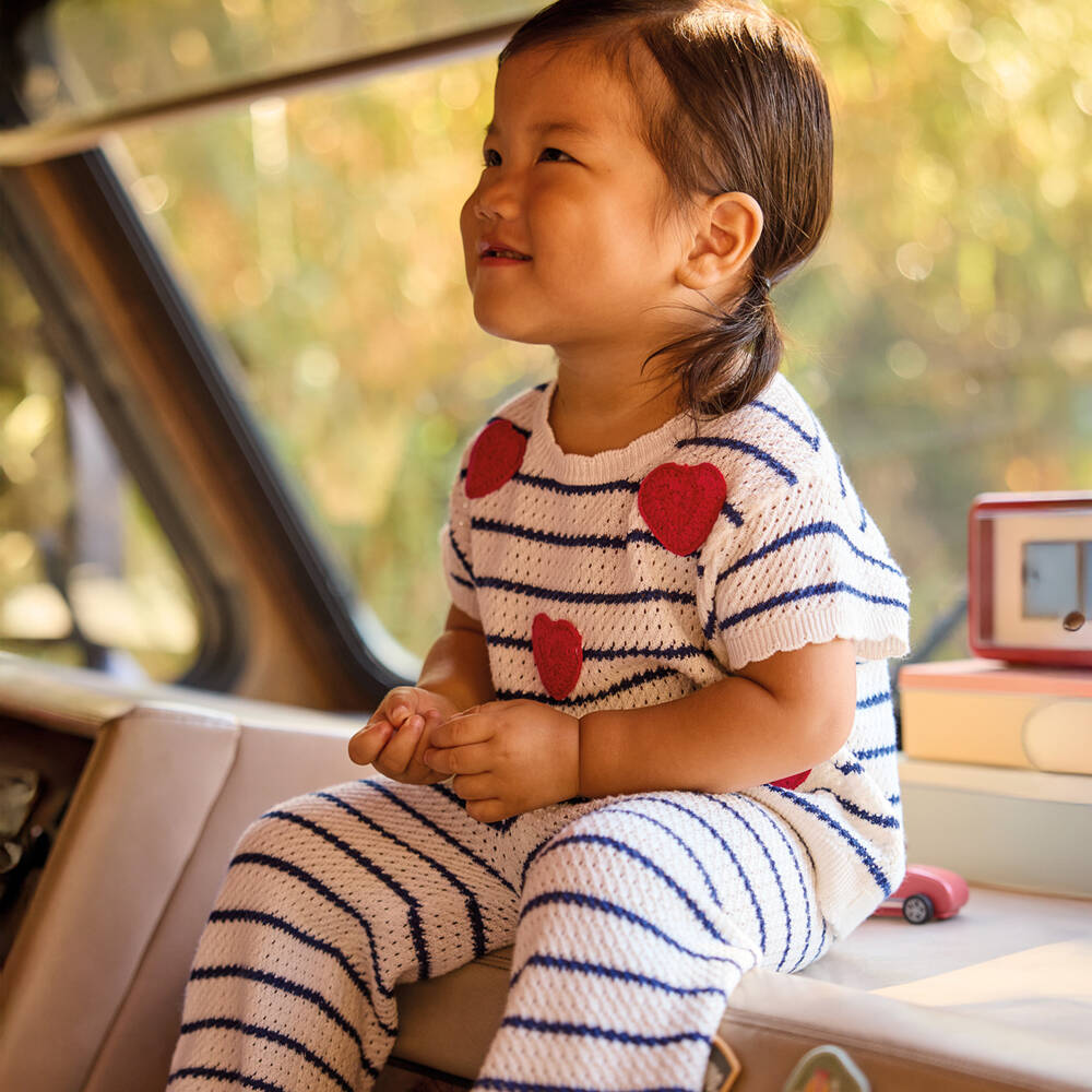 Mayoral-Girls Ivory & Navy Blue Striped Crochet Trouser Set | Childrensalon