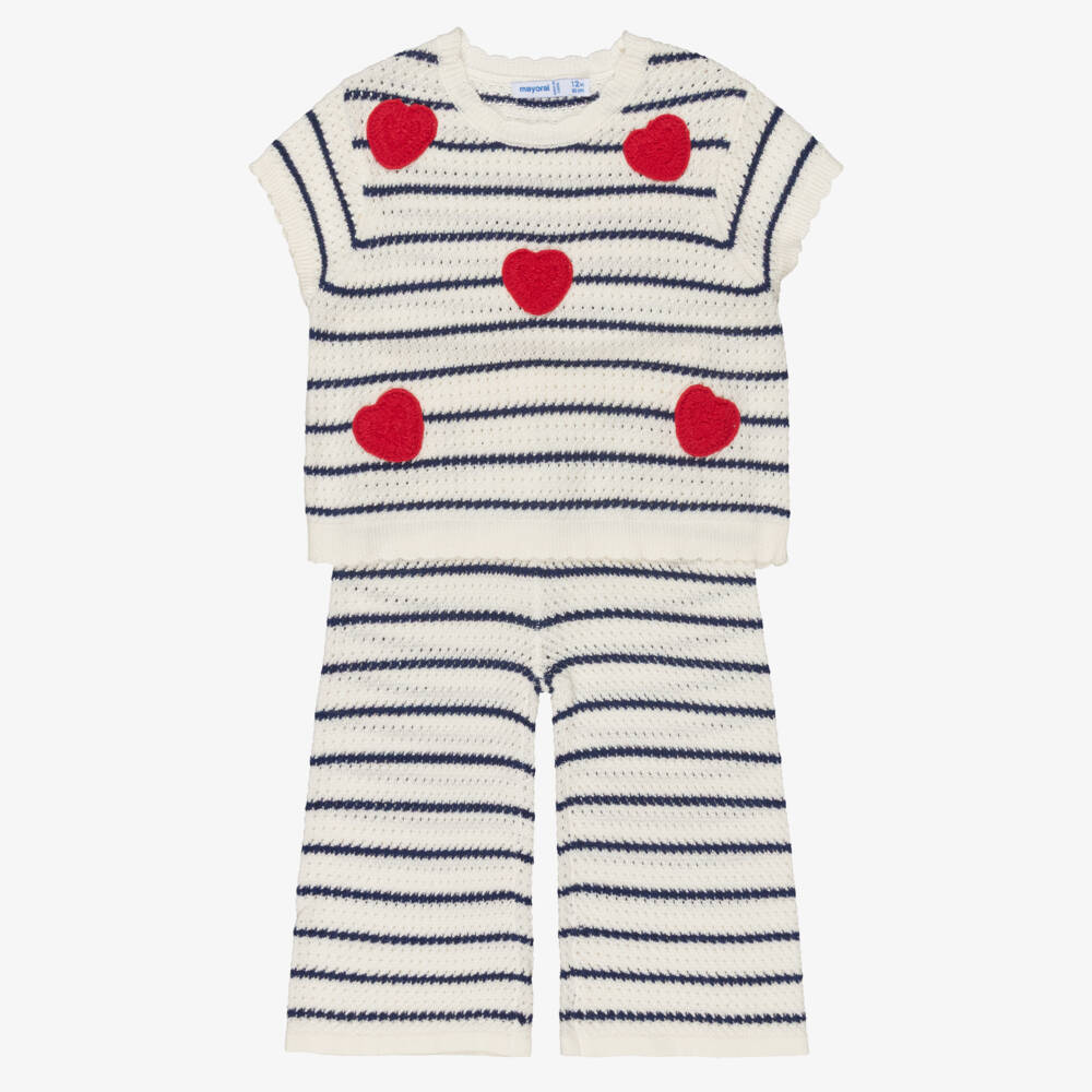 Mayoral-Girls Ivory & Navy Blue Striped Crochet Trouser Set | Childrensalon