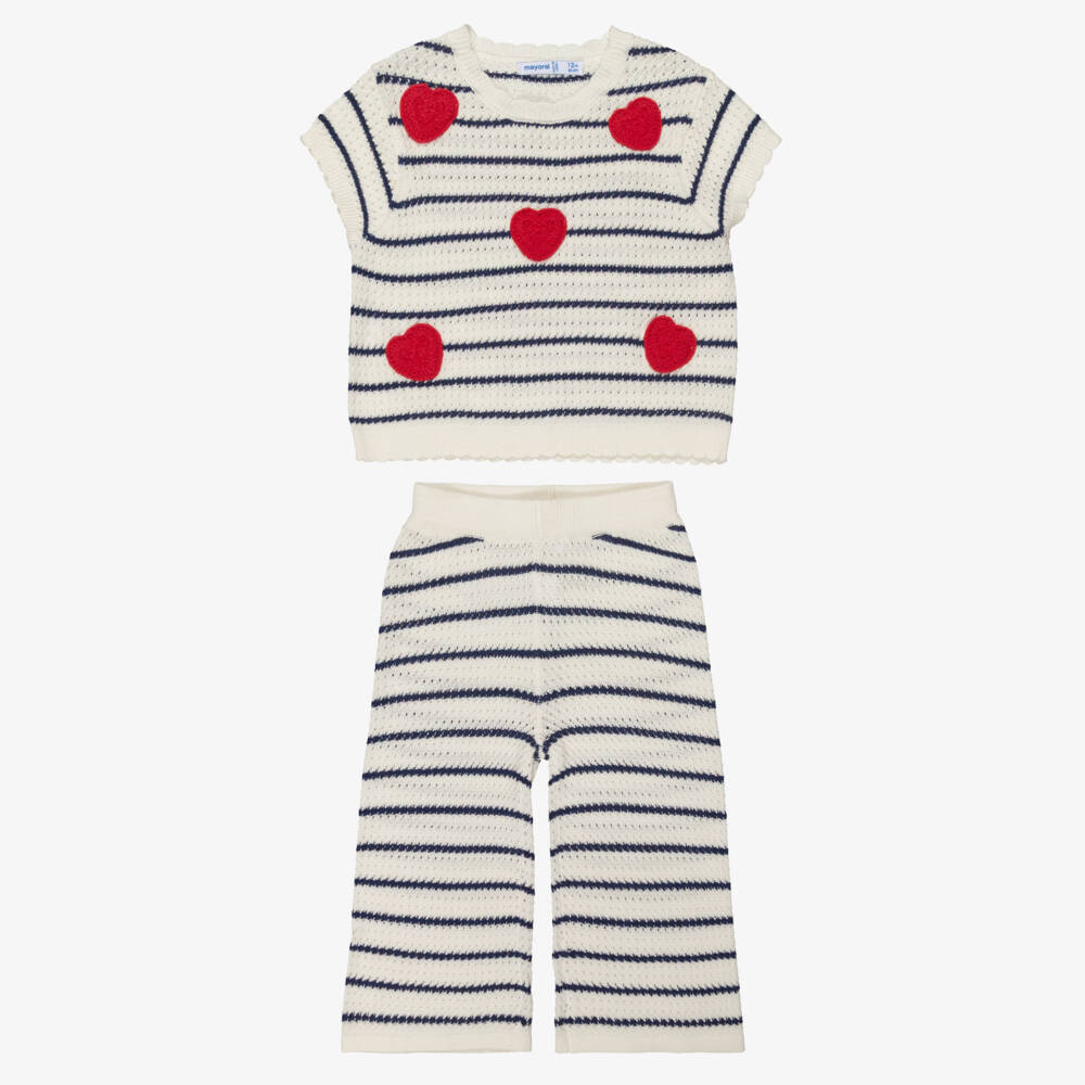Mayoral-Girls Ivory & Navy Blue Striped Crochet Trouser Set | Childrensalon