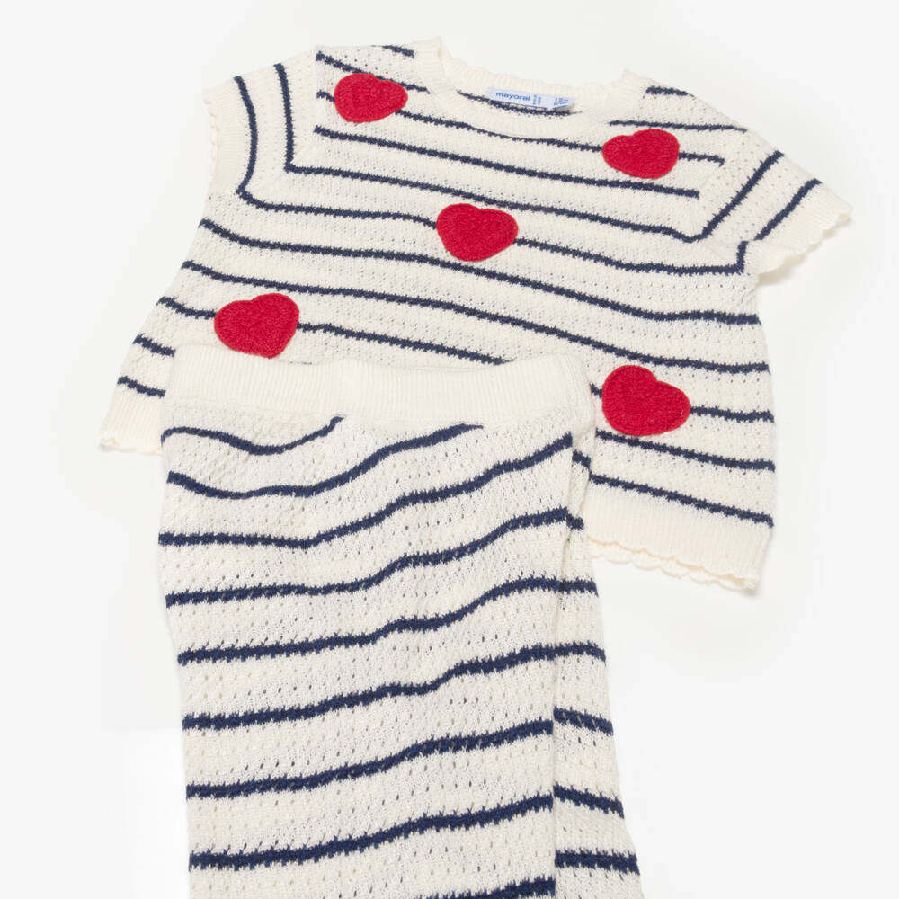 Mayoral-Girls Ivory & Navy Blue Striped Crochet Trouser Set | Childrensalon