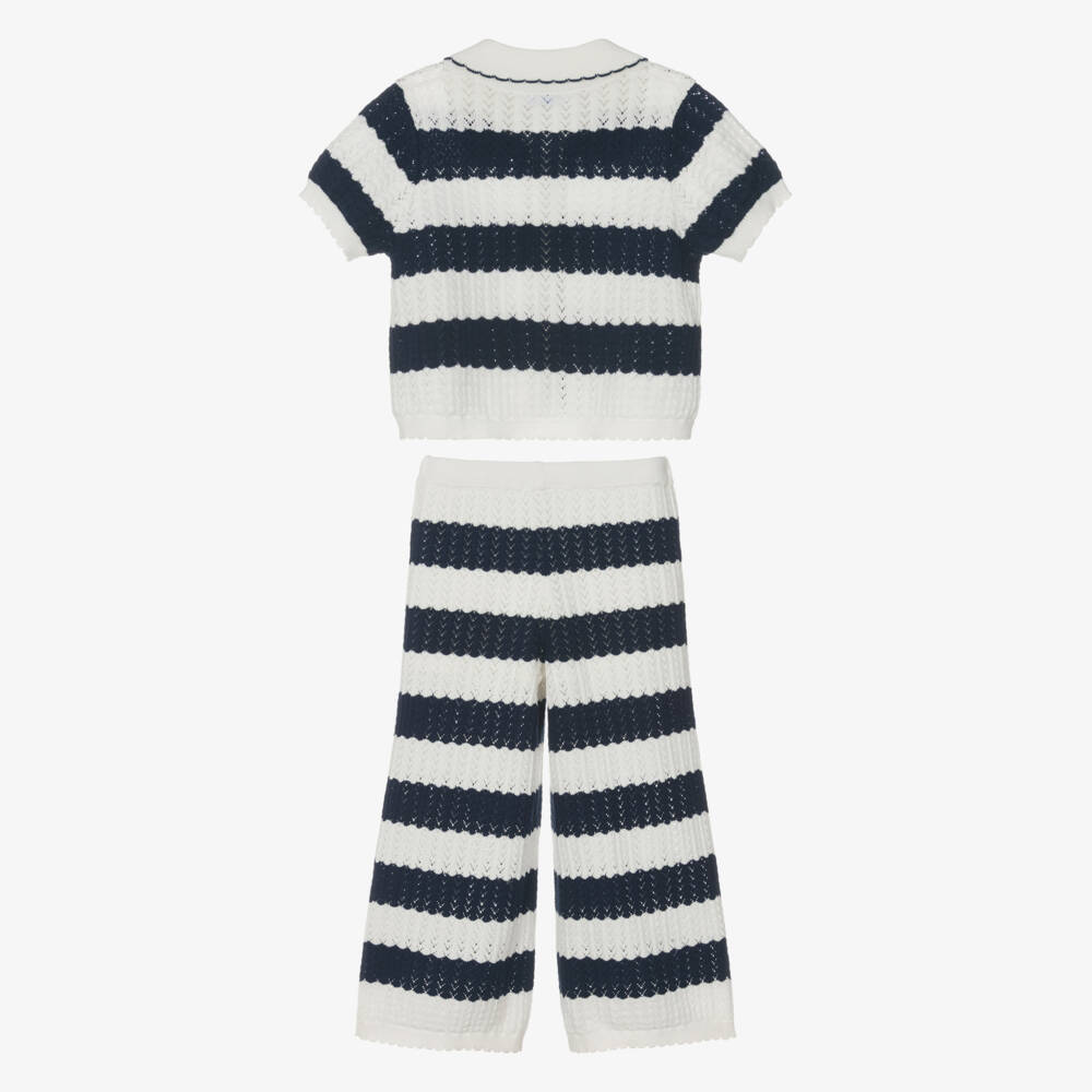 Mayoral-Girls Ivory & Navy Blue Striped Lacy Knit Trouser Set | Childrensalon
