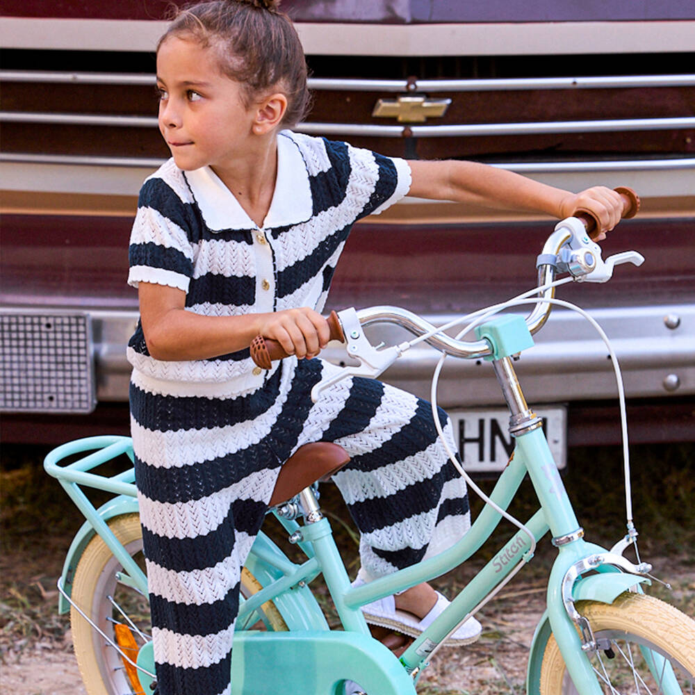 Mayoral-Girls Ivory & Navy Blue Striped Lacy Knit Trouser Set | Childrensalon