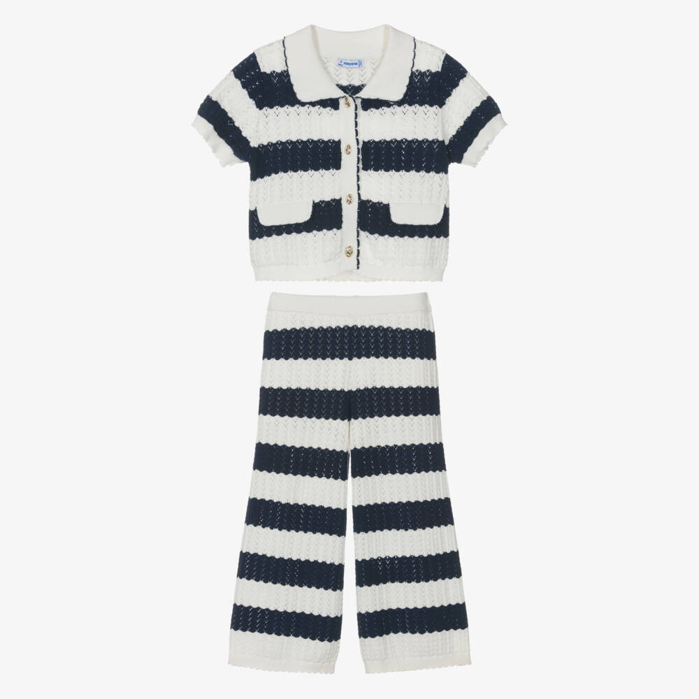 Mayoral-Girls Ivory & Navy Blue Striped Lacy Knit Trouser Set | Childrensalon