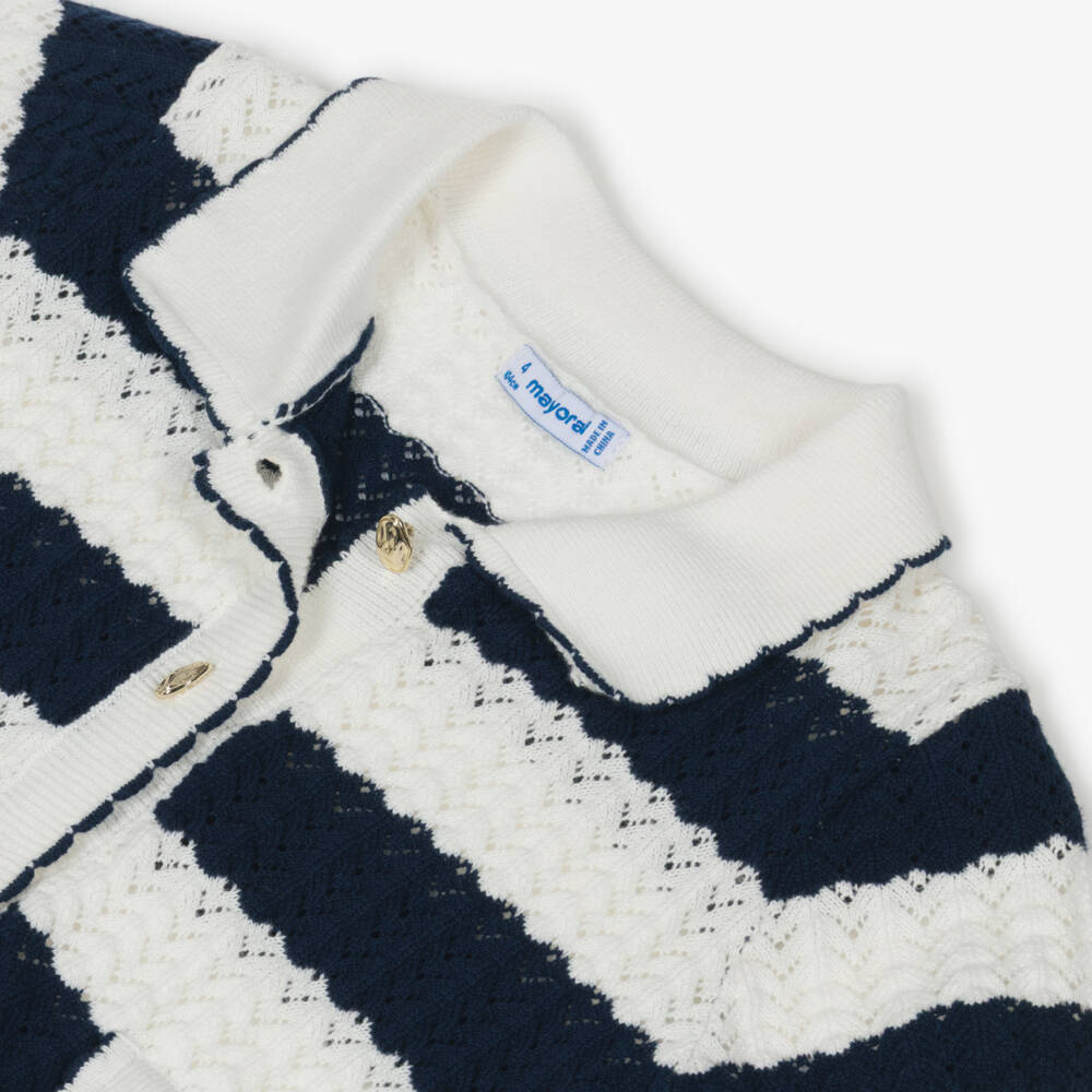 Mayoral-Girls Ivory & Navy Blue Striped Lacy Knit Trouser Set | Childrensalon