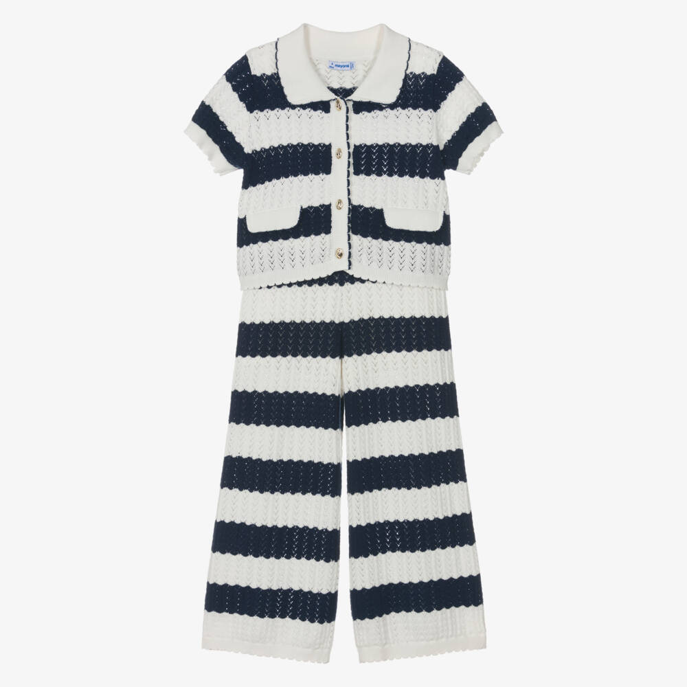 Mayoral-Girls Ivory & Navy Blue Striped Lacy Knit Trouser Set | Childrensalon