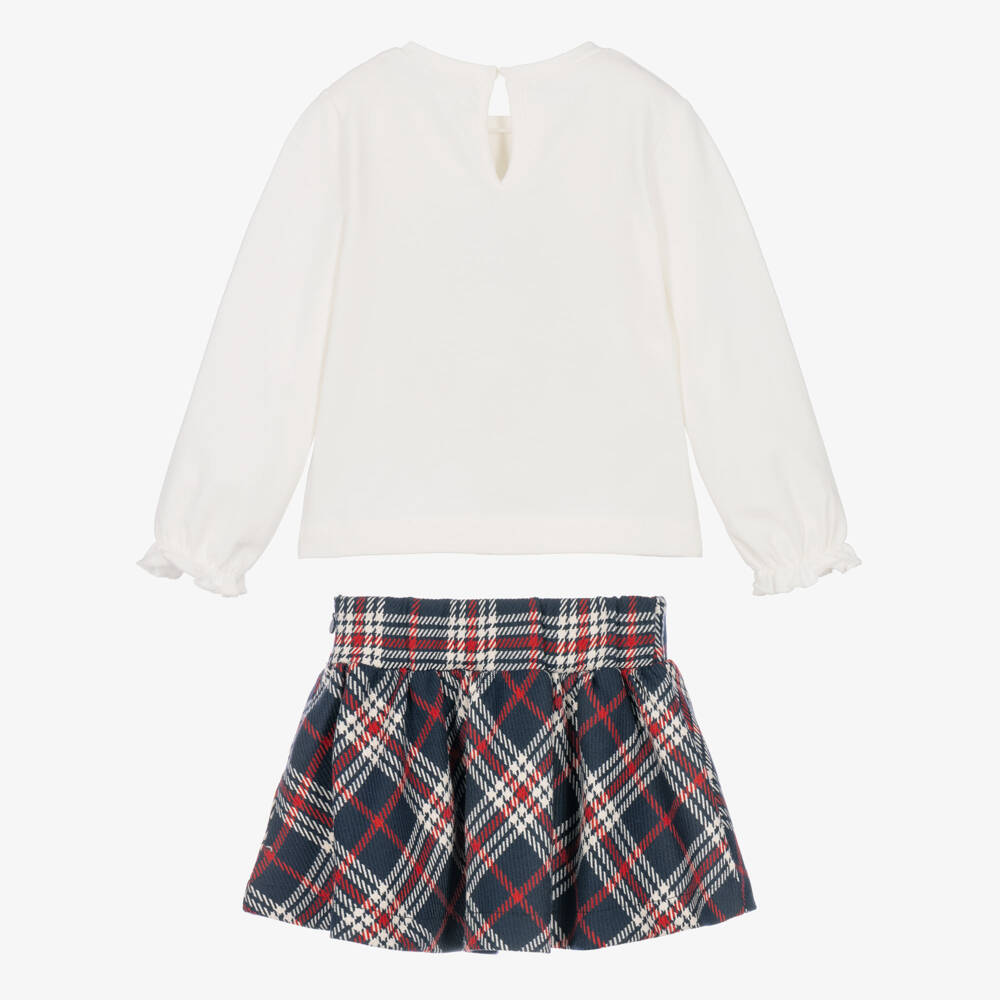 Mayoral-Girls Ivory & Navy Blue Tartan Skirt Set | Childrensalon
