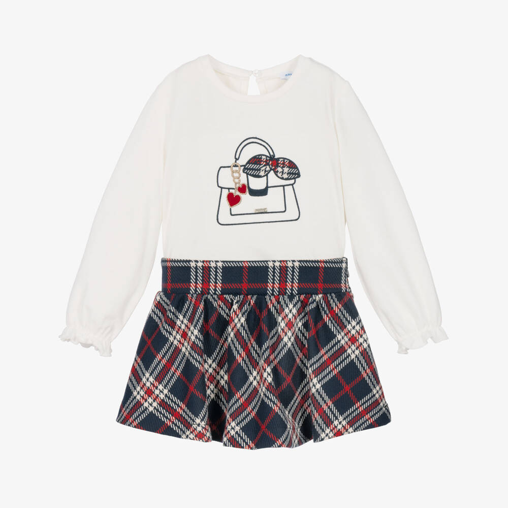 Mayoral-Girls Ivory & Navy Blue Tartan Skirt Set | Childrensalon