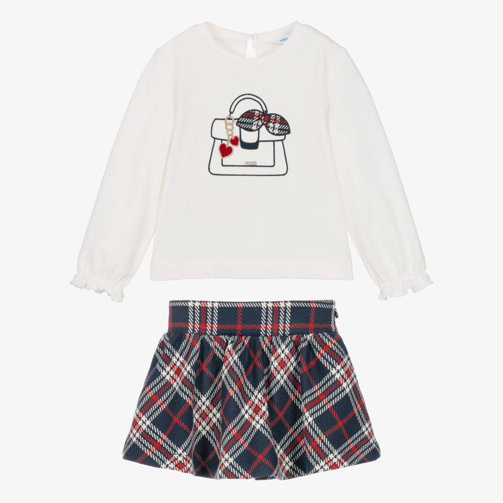 Mayoral-Girls Ivory & Navy Blue Tartan Skirt Set | Childrensalon