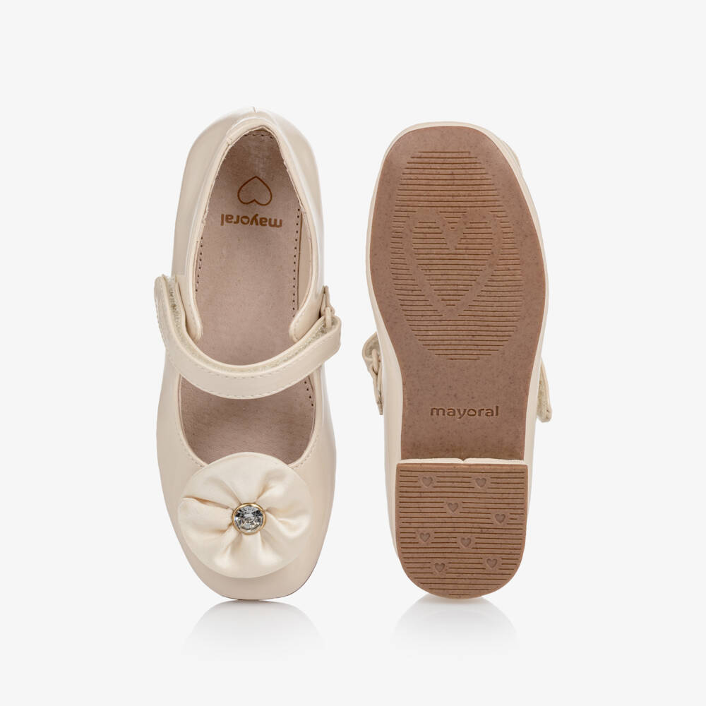 Mayoral-Girls Ivory Patent Bar Shoes with Embellished Flower | Childrensalon