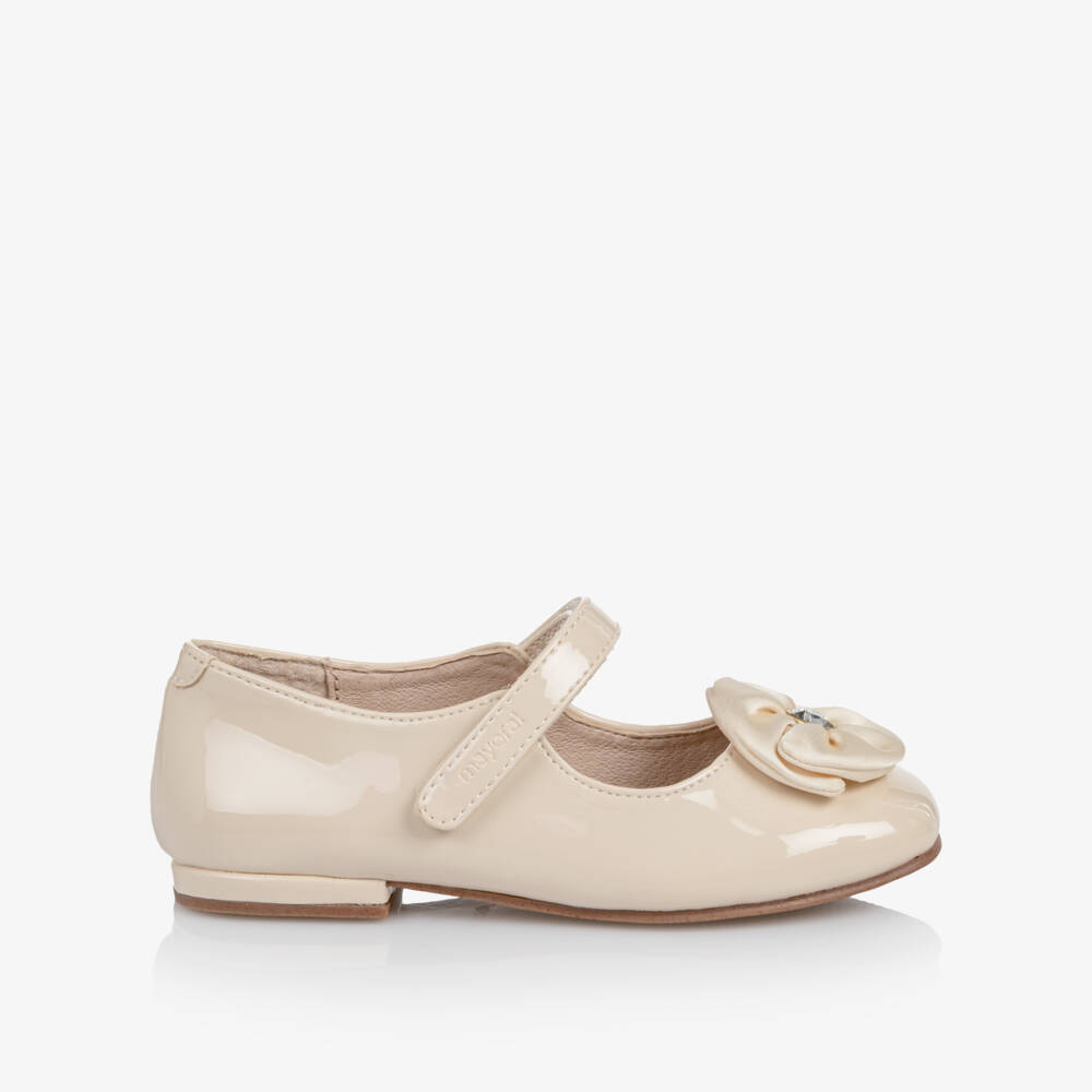 Mayoral-Girls Ivory Patent Bar Shoes with Embellished Flower | Childrensalon