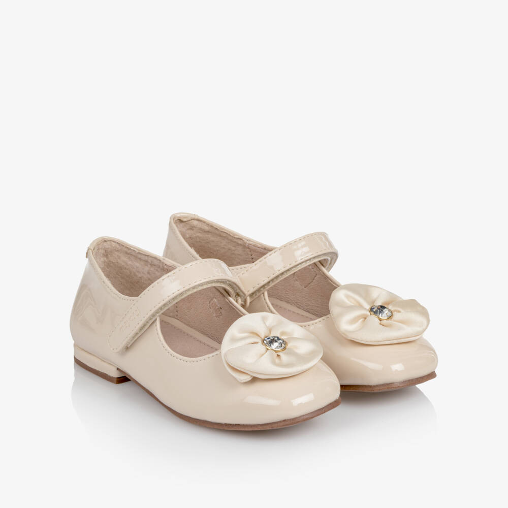 Mayoral-Girls Ivory Patent Bar Shoes with Embellished Flower | Childrensalon