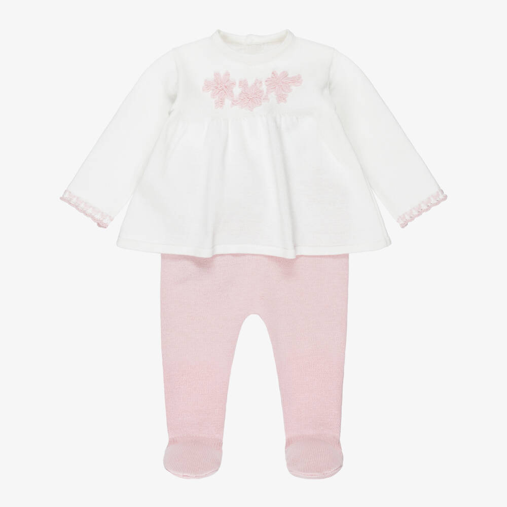 Mayoral Для новорожденных-Girls Ivory & Pink 2 Piece Cotton Knit Babygrow | Childrensalon