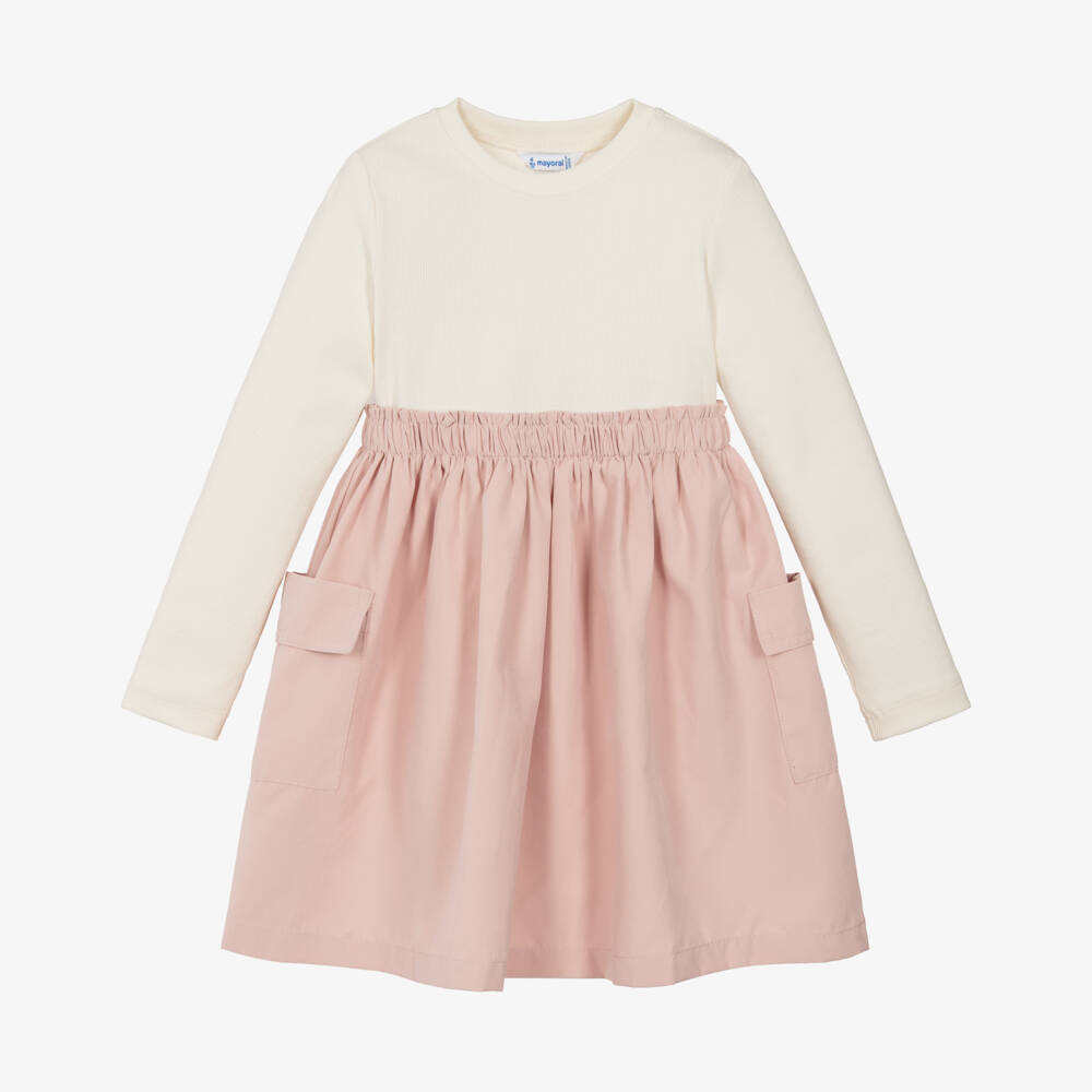 Mayoral-Girls Ivory & Pink Contrast Dress | Childrensalon