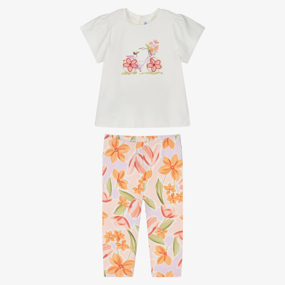 Mayoral-Girls Ivory & Pink Cotton Leggings Set with Bicycle Motif | Childrensalon
