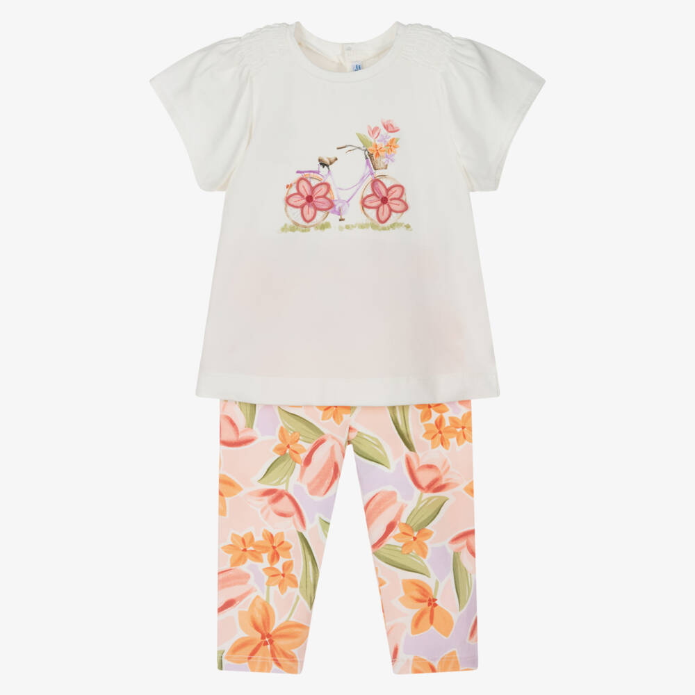 Mayoral-Girls Ivory & Pink Cotton Leggings Set with Bicycle Motif | Childrensalon