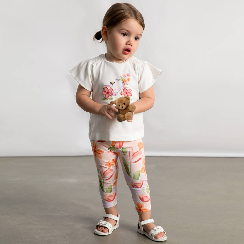 Mayoral-Girls Ivory & Pink Cotton Leggings Set with Bicycle Motif | Childrensalon