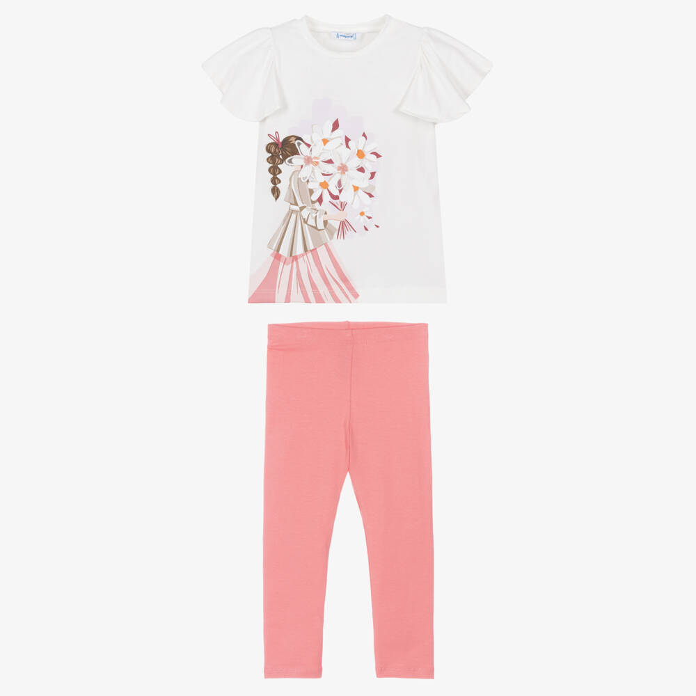 Mayoral-Girls Ivory & Pink Cotton Leggings Set with Floral Detail | Childrensalon