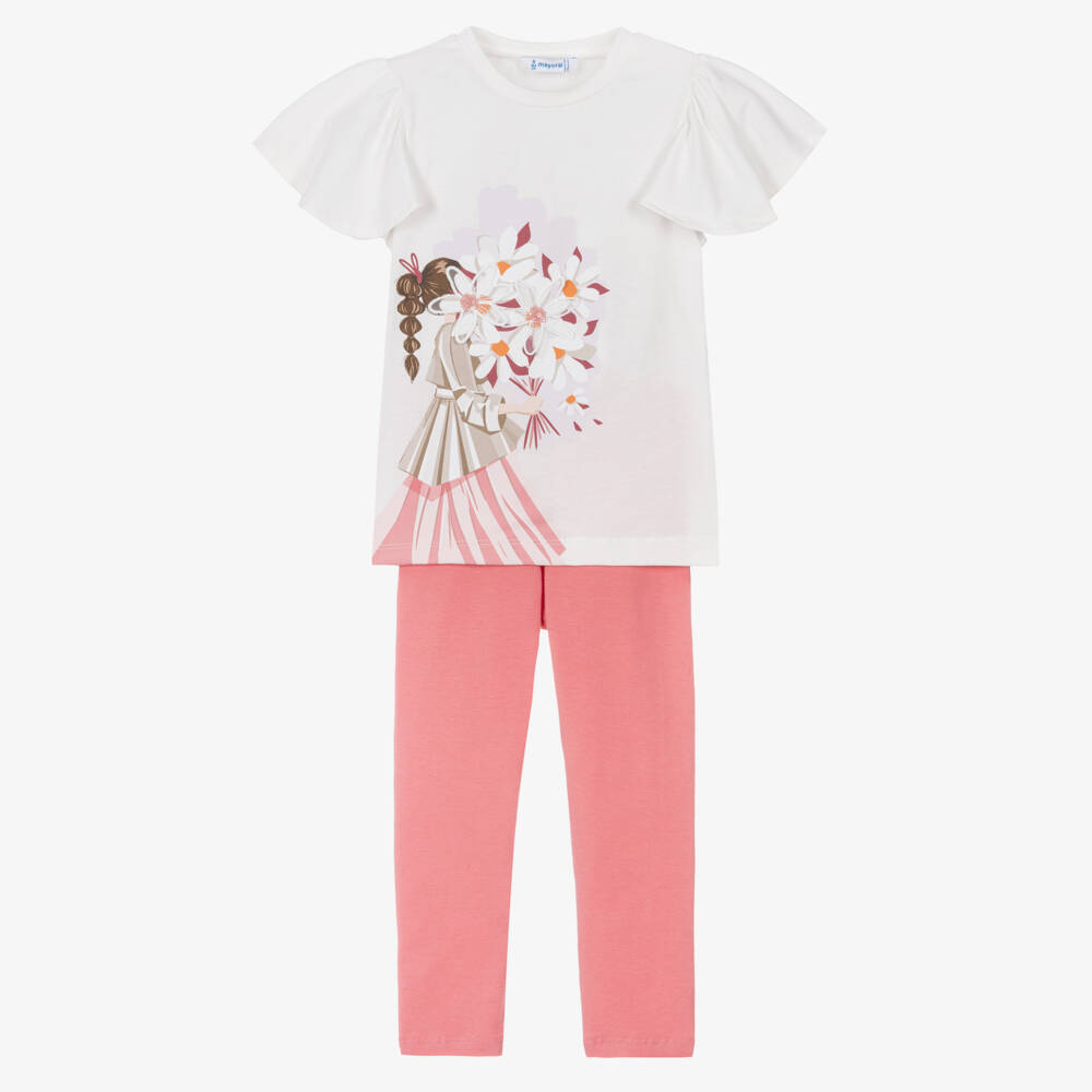 Mayoral-Girls Ivory & Pink Cotton Leggings Set with Floral Detail | Childrensalon