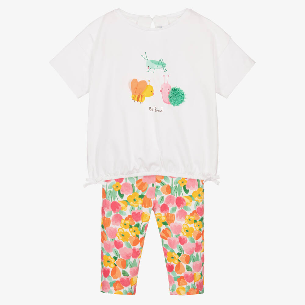 Mayoral-Girls Ivory & Pink Floral Cotton Jersey Leggings Set | Childrensalon