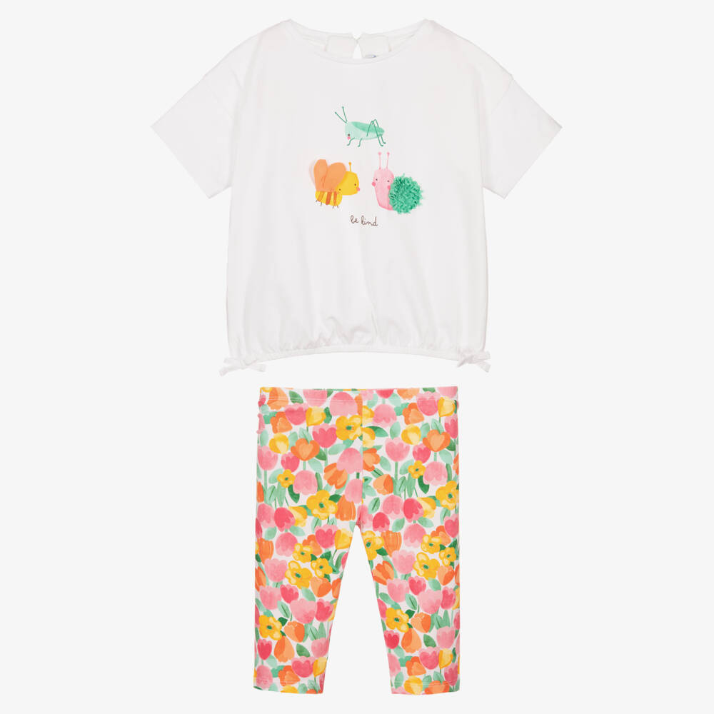 Mayoral-Girls Ivory & Pink Floral Cotton Jersey Leggings Set | Childrensalon
