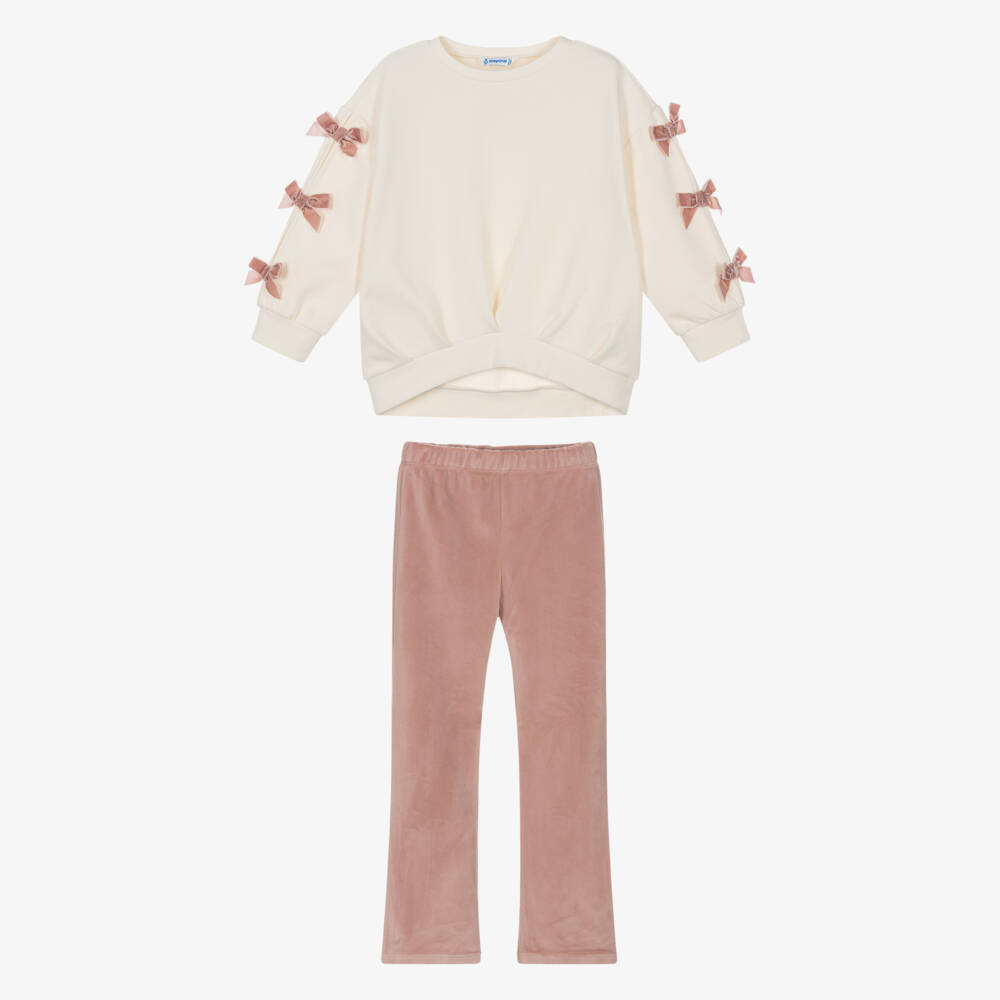 Mayoral-Girls Ivory & Pink Leggings Set with Velvet Bows | Childrensalon
