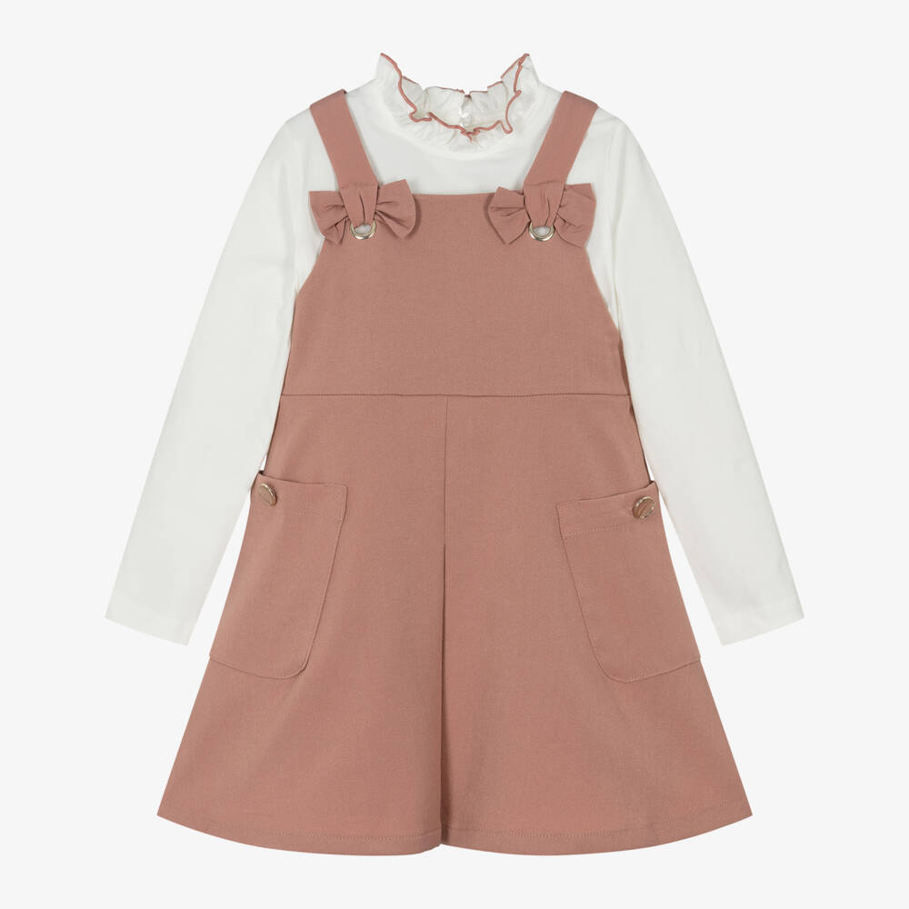 Mayoral-Girls Ivory & Pink Pinafore Dress Set with Bows | Childrensalon