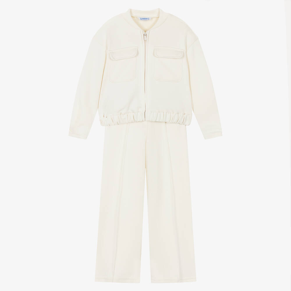 Mayoral-Girls Ivory Piqué Tracksuit | Childrensalon