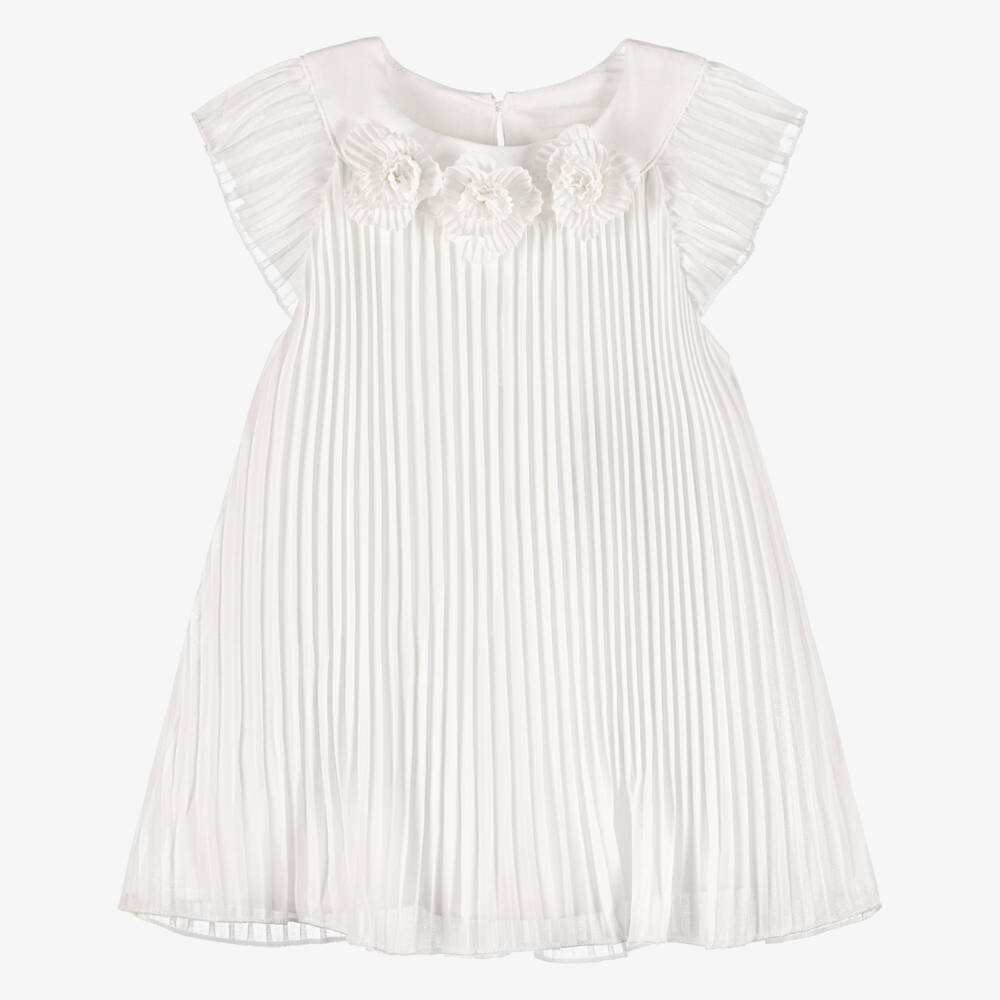 Mayoral-Girls Ivory Pleated Chiffon Dress with Floral Appliqués | Childrensalon