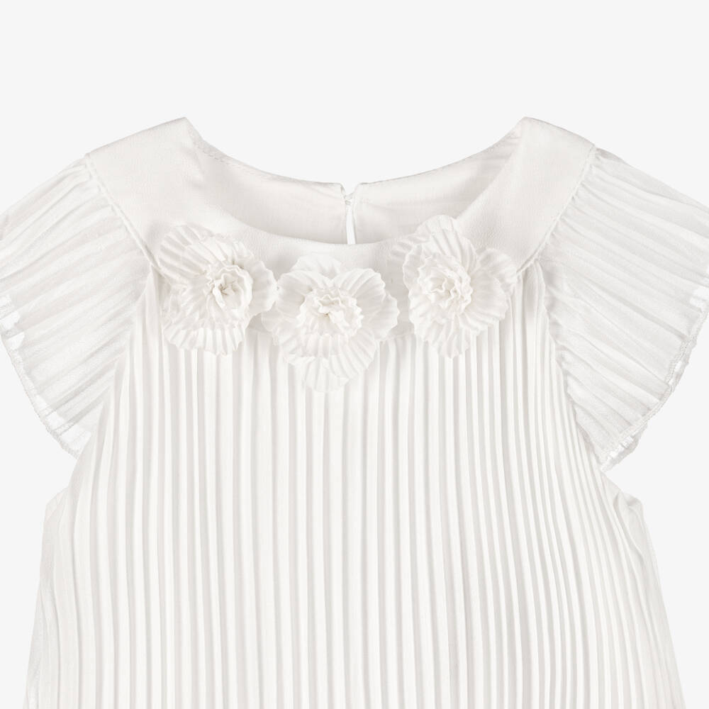 Mayoral-Girls Ivory Pleated Chiffon Dress with Floral Appliqués | Childrensalon