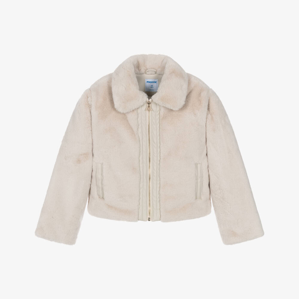 Mayoral-Girls Ivory Plush Faux Fur Jacket | Childrensalon