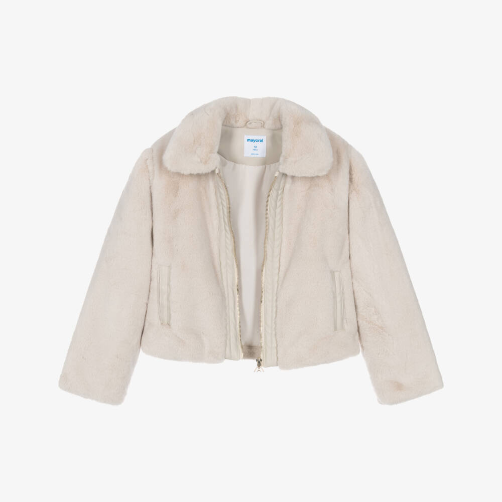 Mayoral-Girls Ivory Plush Faux Fur Jacket | Childrensalon