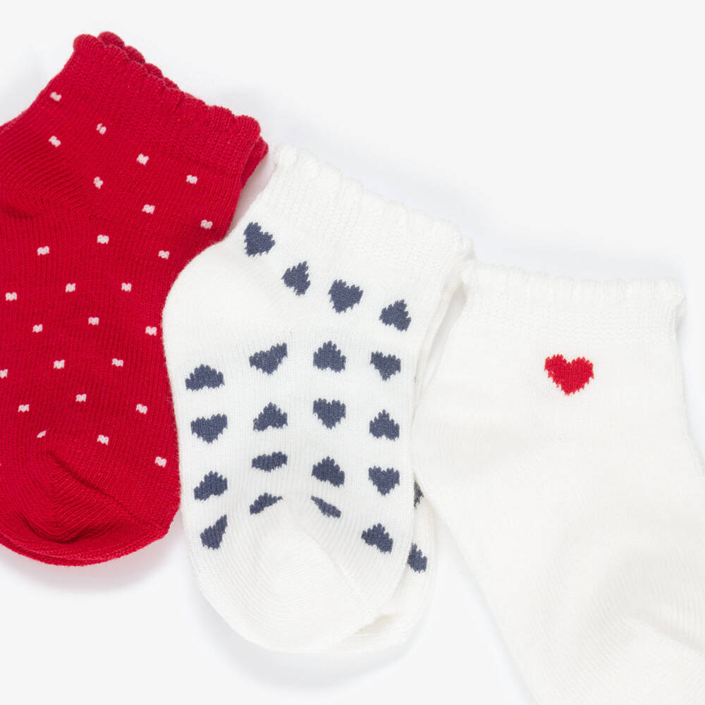 Mayoral-Girls Ivory & Red Ankle Socks Set (3 Pack) | Childrensalon